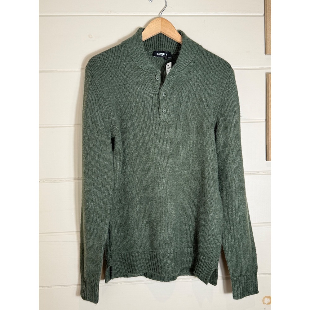 Express Mens Shawl Collar Button Sweater Green Heavy Knit Eclectic Grandpa M NWT